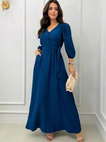 Women's Long Dress With 3/4 Sleeves, Button Closure, And Tie. Autumn/Winter. - Màu xanh lam - Xem 2