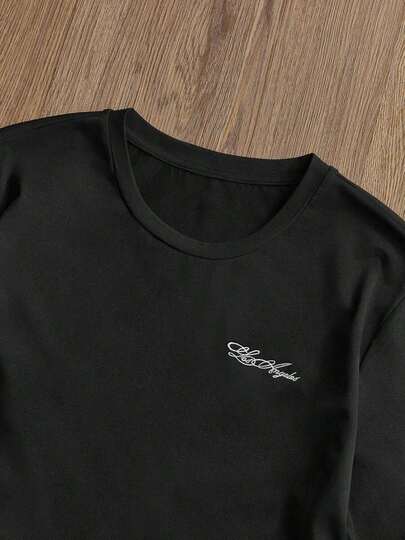 SWAVVY Camiseta de manga larga de cuello redondo negro con bordado de letras, versátil y casual