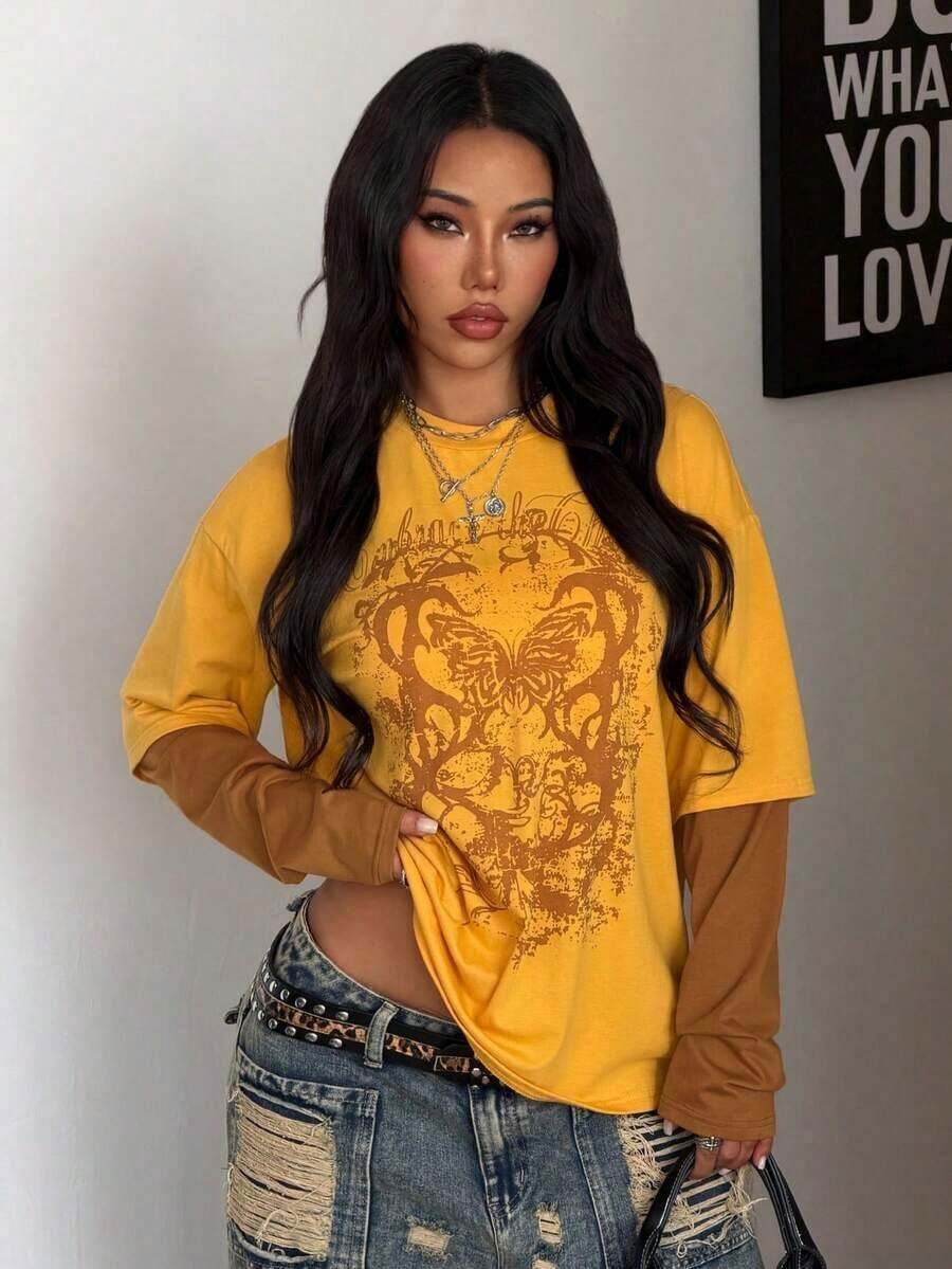 TopstopsCoolane Women's & Men's Spring/Summer Couple Same Style Streetwear Goth Grunge Punk Casual Vintage Cotton Graphics Comfortable Round Neck Patchwork Brown And Beige Oversized Long Sleeve T-ShirtLoose And Comfortablesummer Topssummer Tops - 黃色 - 查看 1