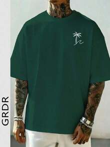 Camiseta de manga corta con cuello redondo y estampado de palmeras de moda para hombre GRDR, informal - Verde - Ver 4