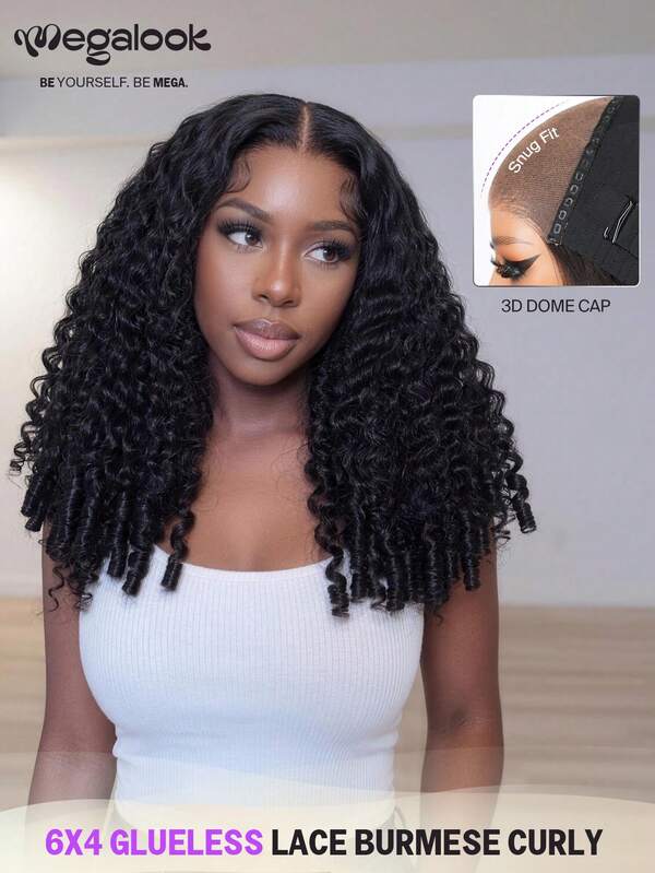 MEGALOOK Deep Curly With Finger Coil Ends 6x4 Lace Front Wig 16-30 Inch Natural Black 180% Density Pre-Plucked Natural Hairline For Women Vacation Travel Festival Cosplay Campus School Wedding Camping Holiday Outfits Casual Fashion Styles