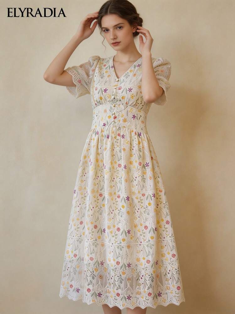 ELYRADIA 女士刺绣花卉蕾丝V领短袖休闲优雅度假沙滩连衣裙 - 杏色 - 查看 2