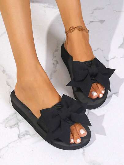 Basic Black Bow One-Strap Slides, Women's Daily Wear Flat Sandals, Casual Commute And Beach Vacation Slippers