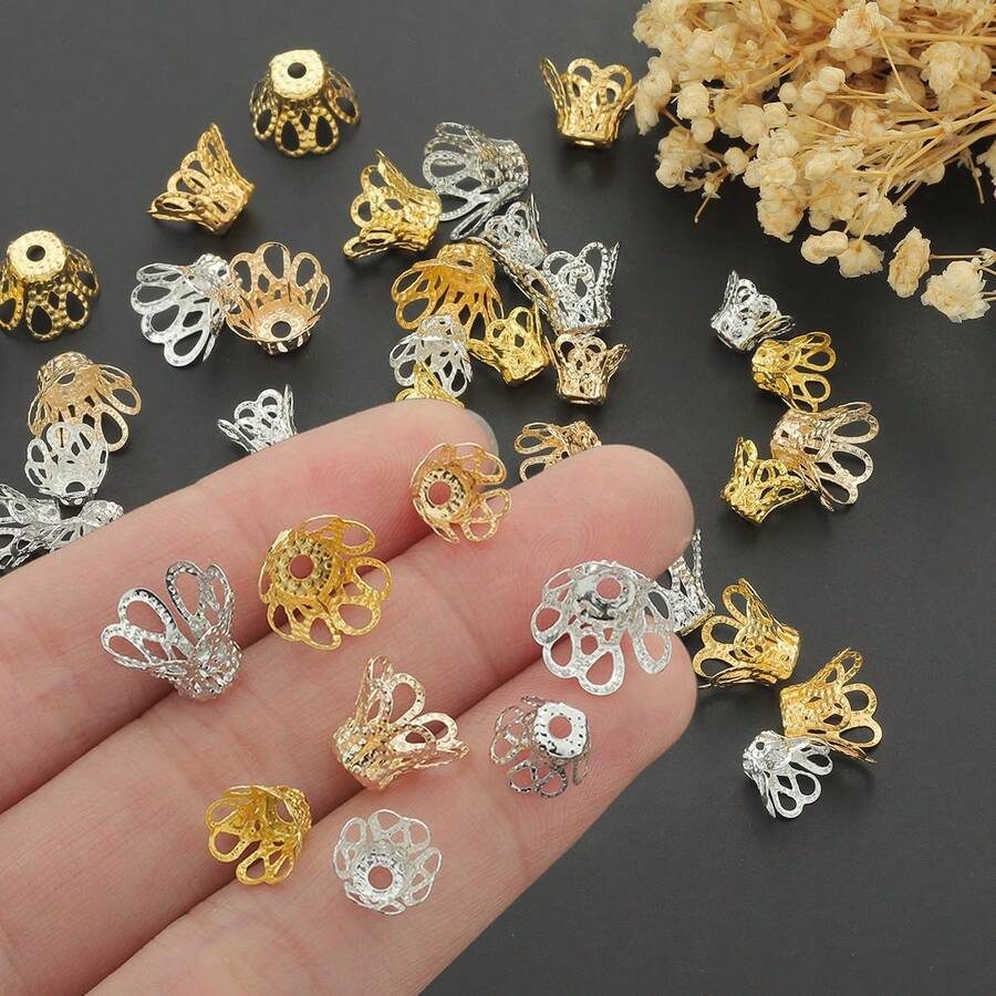 105个6mm/8mm/10mm空心花形压接帽，花帽，合金隔珠，串珠垫，装饰珠帽，适用于珠宝制作、手链、项链、钥匙扣、耳环、工艺配件 - 鏤空花邊端蓋 - 查看 1