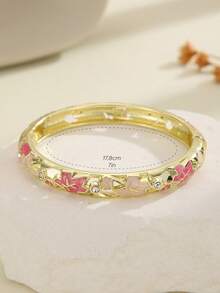 1pc Fashion New Style Gold Plated Exquisite Rhinestone Flower Pattern Enamel Cloisonne Bracelet Bangle Jewelry Gift For Girls Women, Pink - Pink - View 5