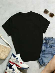 Damen Sommer locker lässiges Hemd, weiches Baumwoll Rundhals Kurzarm Oberteil, Vintage europäisch amerikanischer Streetstyle. - Schwarz - Übersicht 4