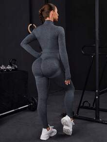 Seamless Zip-Up Tracksuit With Thumb Holes - Dark Gray - View 4