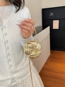 贝壳造型装饰包，迷你晚宴包，女士个性化时尚链条口红包，适合情人节、派对、约会、单肩包、零钱包、金色耳机包、女士礼物、硬壳收纳包 - 金色 - 查看 3