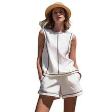 2026 Elegant Resort Style Black And White Quilted Cotton-Linen Sleeveless Suit - 卡其色 - 查看 3