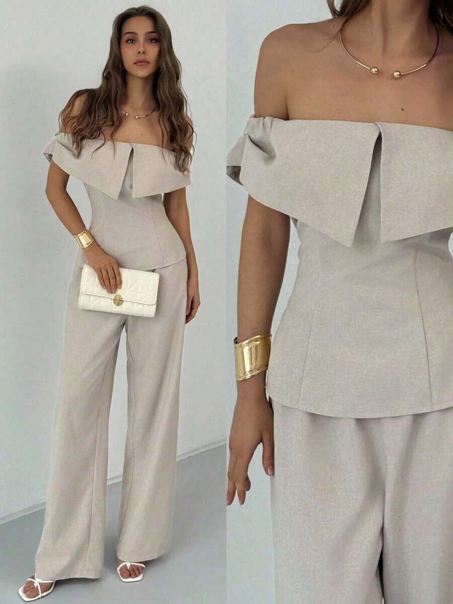 Elegante conjunto de dos piezas para mujer, compuesto por top de hombros descubiertos Bardot y pantalones wide leg de talle alto.Color sólido en tono neutro, diseño favorecedor y confortable.Perfecto para looks diarios, salidas informales y ocasiones semiformales. - Caqui - Ver 1