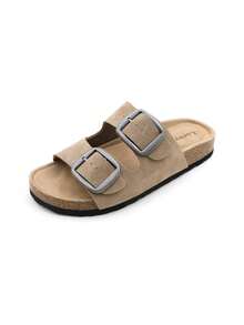 lunryet Cork Footbed Sandals For Women – Comfortable Double Buckle Slip-On With Genuine Suede Footbed & Arch Support Slides For Women Footwear - MÀU NÂU ĐỎ - Xem 12