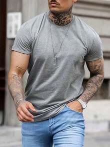 Men's Solid Color Short Sleeve T-Shirt, Comfortable, Breathable, For Summer. - Grey - View 3