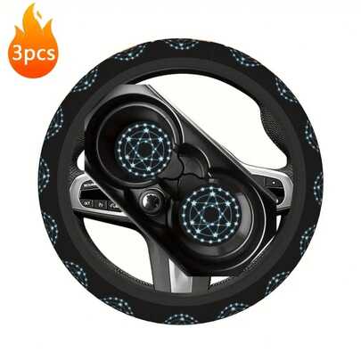 1pc Seven-Pointed Star Print Car Steering Wheel Cover + 2pcs Matching Print Car Cup Coasters, 3-Piece Set, Waterproof Steering Wheel Cover Without Inner Ring, Fits 14.5-15 Inch