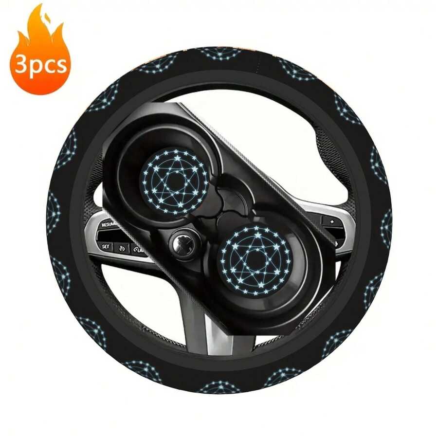 1pc Seven-Pointed Star Print Car Steering Wheel Cover + 2pcs Matching Print Car Cup Coasters, 3-Piece Set, Waterproof Steering Wheel Cover Without Inner Ring, Fits 14.5-15 Inch - Steering Wheel Set - View 1