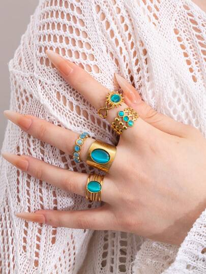 Bộ 5 chiếc nhẫn sang trọng kiểu retro bằng thép không gỉ mạ vàng dành cho nữ, gồm đá mắt mèo xanh, họa tiết mặt trời và thiết kế hạt hình học, phù hợp để đeo hàng ngày, lễ hội, hẹn hò, đính hôn, cưới, đi chơi, dự tiệc.