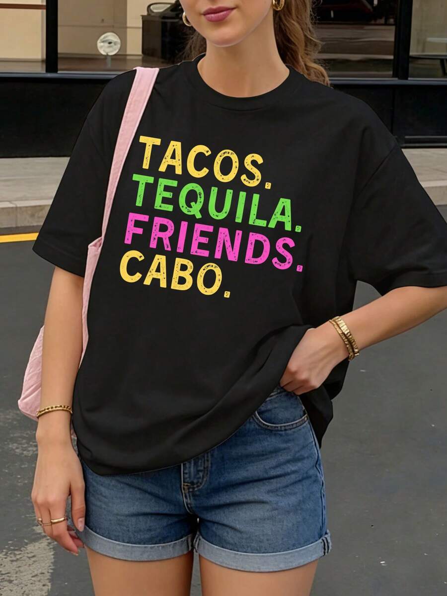 Camiseta Negra con Estampado Tacos Tequila Friends Cabo para Fiesta y Vacaciones - Negro - Ver 1