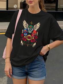 Camiseta Negra con Estampado de Máscaras Luchadoras y Rosas para Mujer Casual - Negro - Ver 1