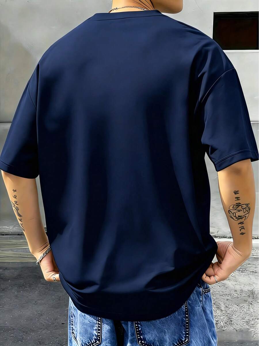Men's Letter Print Crew Neck Short Sleeve Casual Versatile T-Shirt - Navy Blue - View 1