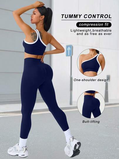 2pcs Women's Seamless Contrast Color Shoulder Top And Elastic Tight Pants Sports Set, With Lifting And Slimming Effect, Suitable For Yoga, Fitness, Outdoor Sports And Daily Wear, Summer