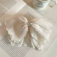 Super Fairy-Like Off-White Bow Pearl Ponytail Claw Clip For Women, Elegant Half-Up Hairstyle, Updo Shark Clip Hairpin - 米白色 - 查看 3