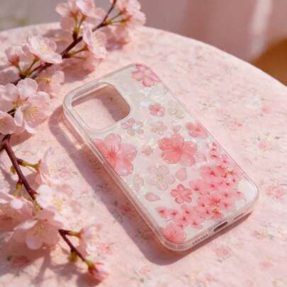 Cherry Blossoms Case, Luxury Bling Plating Soft Back Cover For IPhone, For Galaxy, Full Camera Protection Bumper