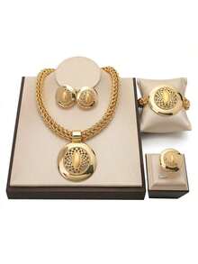 Juego de joyas chapado en oro de 18K para mujeres, 4 piezas de collar, aretes, pulsera y anillo con colgante ovalado hueco, juego de joyas elegante de oro para el Día de la Madre, cumpleaños, aniversario, regalo para mamá, esposa, abuela, ocasión formal - Joyas en tallas grandes - Ver 9