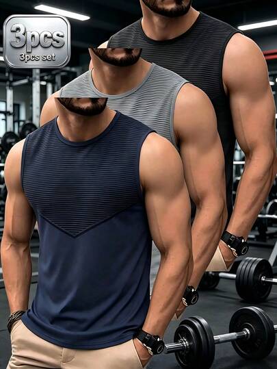 3件装男士夏季条纹无袖背心，休闲健身T恤，适合运动、户外活动和日常穿着