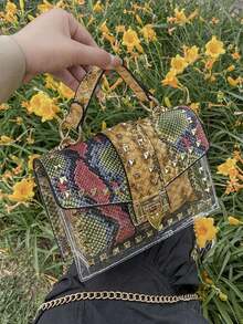 Fashion Graffiti Rivet Decor Handbag - Green - View 6