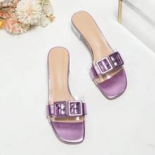 European And American Style Purple Metal Square Buckle Transparent Strap Crystal Chunky Heel Slide Sandals For Women, Summer - Purple - View 10