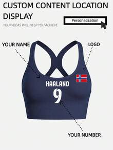 Customized Football Fan Sports Bra, Women's Personalized Name, Number, Team Logo Printed Football Style Fitness Top, Breathable High-Intensity Workout Clothing - Navy Blue - View 1