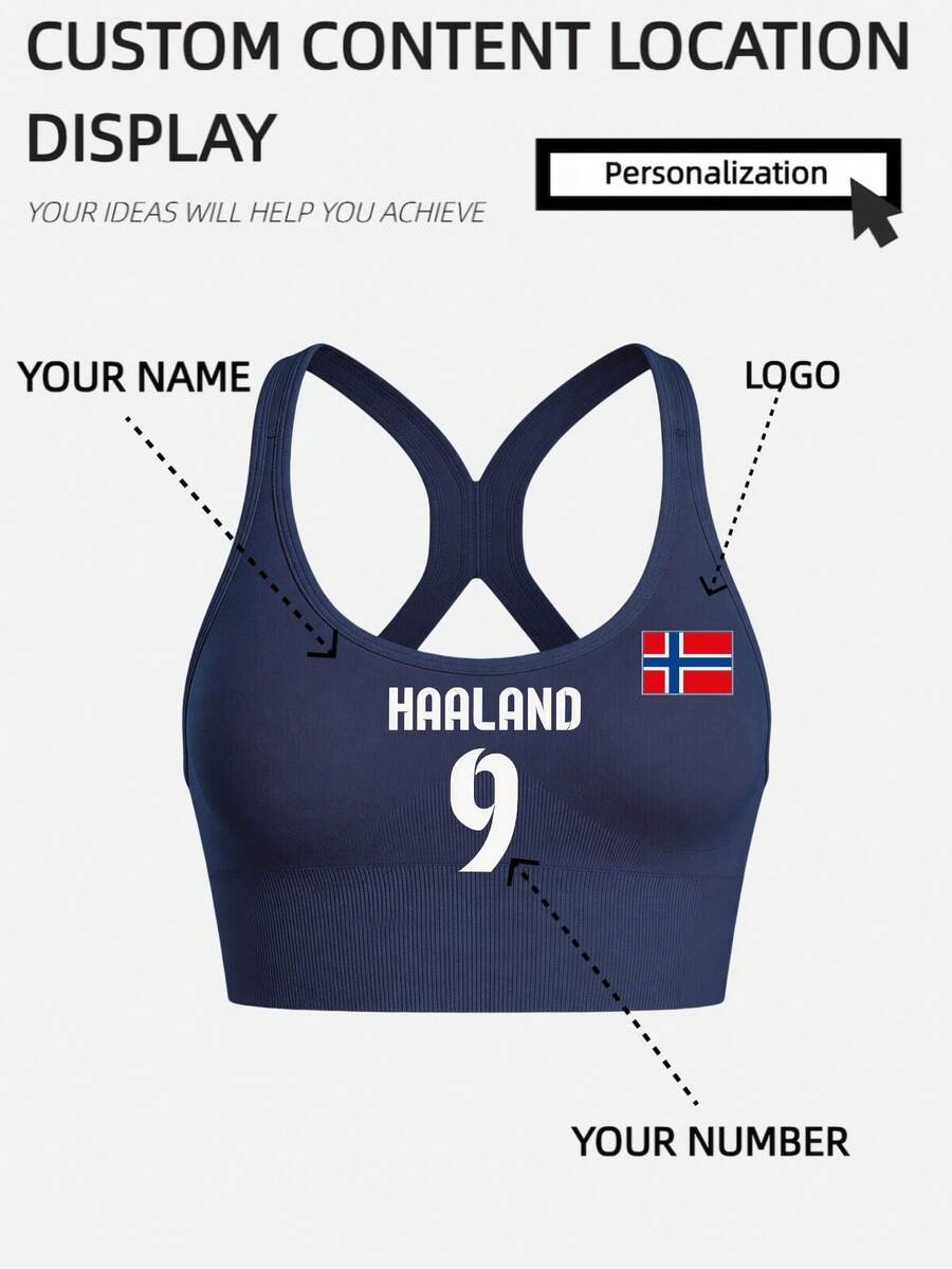 Customized Football Fan Sports Bra, Women's Personalized Name, Number, Team Logo Printed Football Style Fitness Top, Breathable High-Intensity Workout Clothing - Navy Blue - View 1