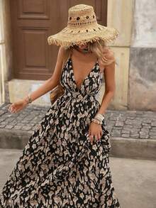 Vestido sin mangas de cuello en V con estampado total para vacaciones de verano de mujer - Negro - Ver 6