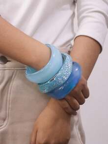 3pcs Set Elegant Minimalist Purple Asymmetrical Resin Bracelet Set, Suitable For Personal Style - Baby Blue - View 2