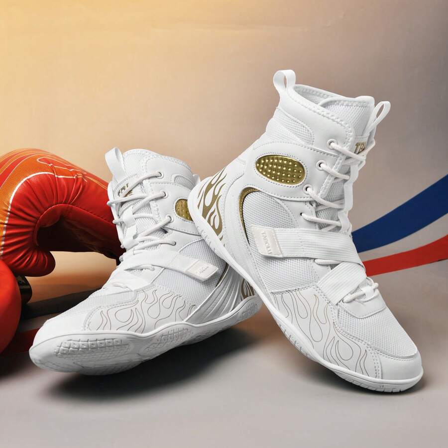 Giày đấu vật nam, giày đấm bốc cổ cao, giày tập luyện, ủng, giày đấm bốc Muay Thai, giày kickboxing thể dục, giày thể thao chuyên nghiệp chất lượng cao dành cho nam, thoải mái, chống trơn trượt, bền, thoáng khí, thiết kế có vân bảo vệ mắt cá chân - Trắng (k009) - Xem 1