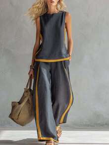 Vest Set With Contrasting Sleeves And Wide-Leg Trousers - 灰色 - 查看 4