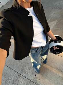 Áo blazer ngắn tay dáng lửng thời trang nữ mùa xuân/thu mới của Camellia, kiểu dáng châu Âu và Mỹ, màu đen, thích hợp cho mùa hè. - màu đen - Xem 4