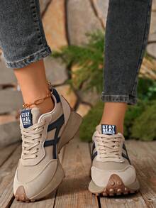 女士舒适系带跑步鞋 - 轻便、四季皆宜、耐用防滑橡胶鞋底 - 卡其色 - 查看 4