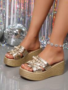 Sandal Hak Wedges dengan Gesper Rhinestone Berkilau, Sandal Platform Nyaman untuk Pantai Musim Panas & Pemakaian Sehari-hari - Emas - View 2