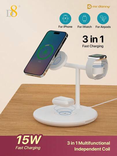  Estación de carga inalámbrica 3 en 1 D8, cargador inalámbrico rápido de 15W, base de carga plegable y portátil compatible con iPhone 17/16/15/14/13/12, Ultra 2/9/8/7/6/SE/5/4/3/2, 4/3/2/Pro 2/Pro, certificado Qi, cargador multidispositivo para hogar, oficina y viajes, diseño compacto y elegante para mujeres, sin cables desordenados, carga simultánea para teléfono, reloj y auriculares