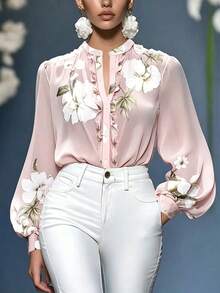 Blusa elegante de diseño con volantes franceses para mujer, adecuada para salidas diarias, ir al trabajo, citas, fiestas de té, atuendos de jardín, color rosa - Rosa - Ver 1
