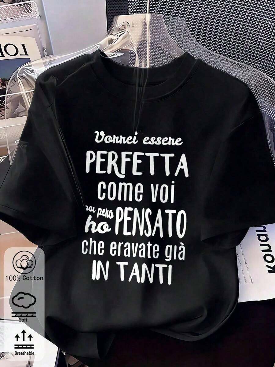 -Women's Shirt, 100% Cotton, White, Short Sleeves, With Italian Slogan Print, Size, New Style For Spring/Summer/Autumn/Winter, Women's Sportswear, , Soft And Breathable, Suitable For Holidays. - White 5 - View 1
