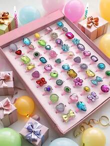 Bộ 20/50 chiếc nhẫn dự tiệc nhiều màu sắc, nhẫn nhựa pha lê kèm hộp, nhẫn nhựa hình hoạt hình nhiều màu sắc có thể điều chỉnh kích thước, hoàn hảo cho quà tặng dự tiệc, quà sinh nhật. - Ngẫu nhiên - Xem 3