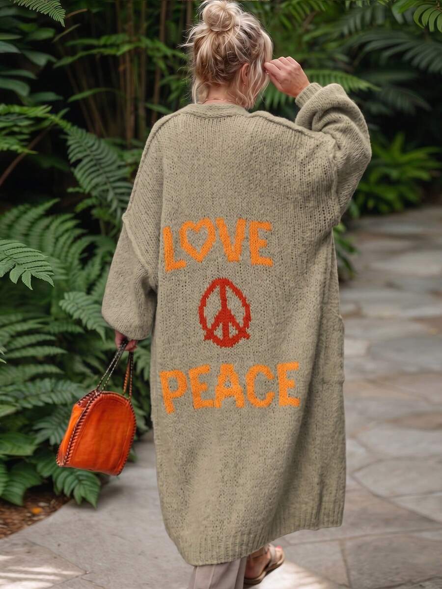 Fashionable New Autumn/Winter Tops, Featuring Letter Print, Contrast Stitching, Color Block, Colors, Pattern, Long Sleeve Sweater, Women's Casual Oversized Cardigan, Suitable For Outerwear - Khaki - View 1