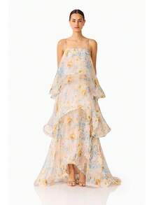Brick Lane Co. 2026 European And American Summer And Sweet Printed Multi-Layer Cake Long Strap Dress Vacation Outfits Women Summer Outfits Women - 黃色 - 查看 4