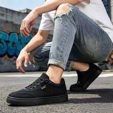 Men's Black Classic Canvas Sneakers | Lightweight Breathable Low-Top Casual Shoes | Lace-Up Comfortable Flat Shoes | Suitable For Spring/Summer Daily Wear, Street Style, Travel & Holiday, Gift - Glossy Black - View 8