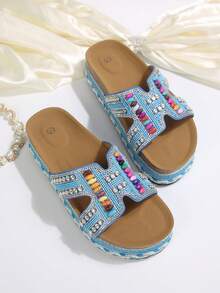 2026春夏新款女士凉鞋，双扣设计，镶钻时尚厚底拖鞋，随机花卉图案，度假海滩必备，适合全天穿着 - 藍色 - 查看 7