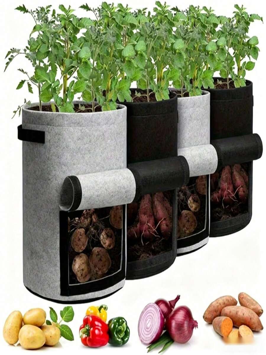 4pcs Felt Planting Bags, Breathable Fabric Planting Pots Suitable For Garden Beds And Vegetables, Gardening Supplies For Yard And Garden, Essential Gardening Necessities - Multicolor - View 1