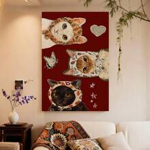 Con marco Póster de Pared de Gato en 2D Plano, 1 Pieza Enmarcado - Pintura Moderna en Lienzo Envolvente Vertical con Fondo Rojo y Gatos con Pañuelo, Decoración Colgante Adecuada para Dormitorio, Cocina, Oficina - Decoración de Invierno/Primavera, Lienzo de Tinta - Enmarcado - Ver 4