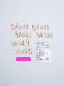 30片海洋風黏貼式美甲貼片，杏仁形假指甲，3D海星貝殼花卉圖案，珍珠金飾裝飾，亮面全覆蓋人造指甲，適合女性女孩夏季度假海灘日常配戴 - 青檸色 - 查看 2