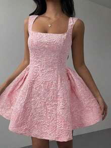 Vestido elegante de longitud media con estampado de jacquard para mujer en verano - Rosa - Ver 5